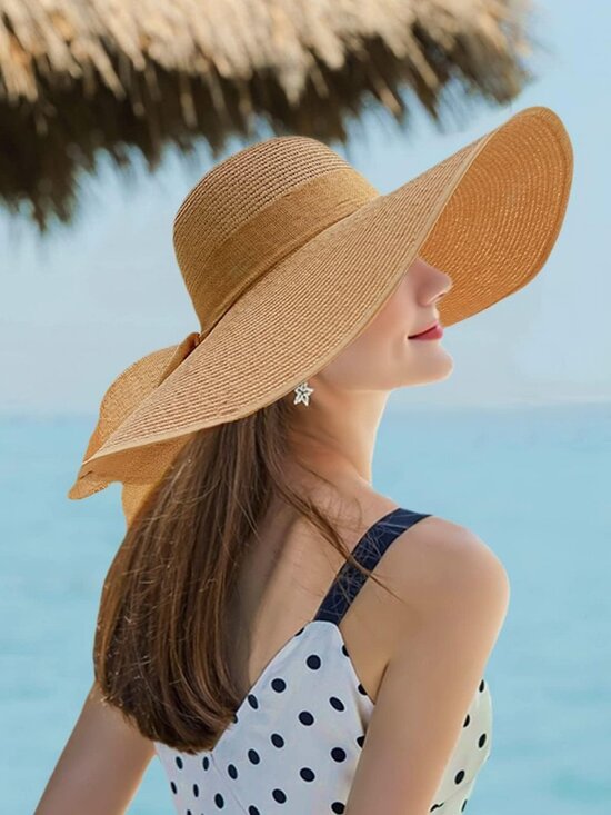 Women Foldable Summer Wide Brim Packable Sun Hat Travel Straw Fedora Hat Khaki2